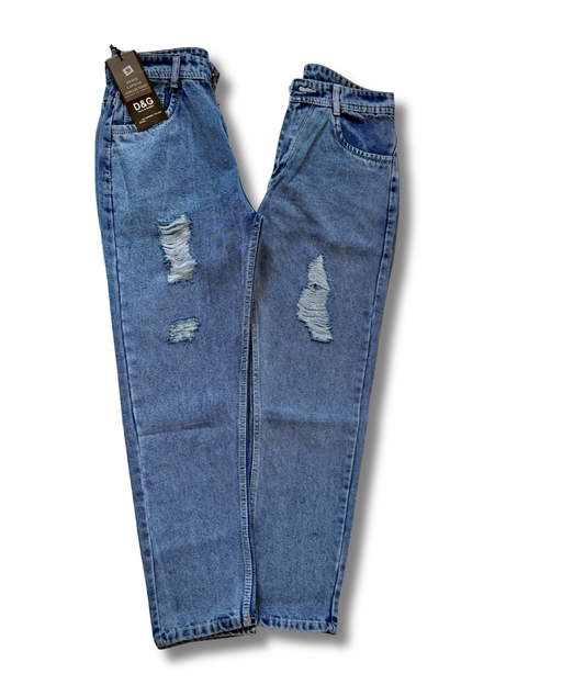 Royal Blue Distressed Luxe Denim – Premium Mom Fit Jeans