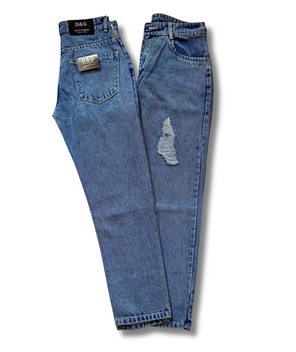 Royal Blue Distressed Luxe Denim – Premium Mom Fit Jeans
